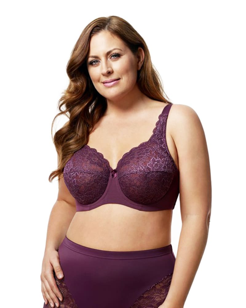 Front of a model wearing a size 46G Elila Women's Lacey Curves Underwire Bra in Plum by Elila. | dia_product_style_image_id:322205